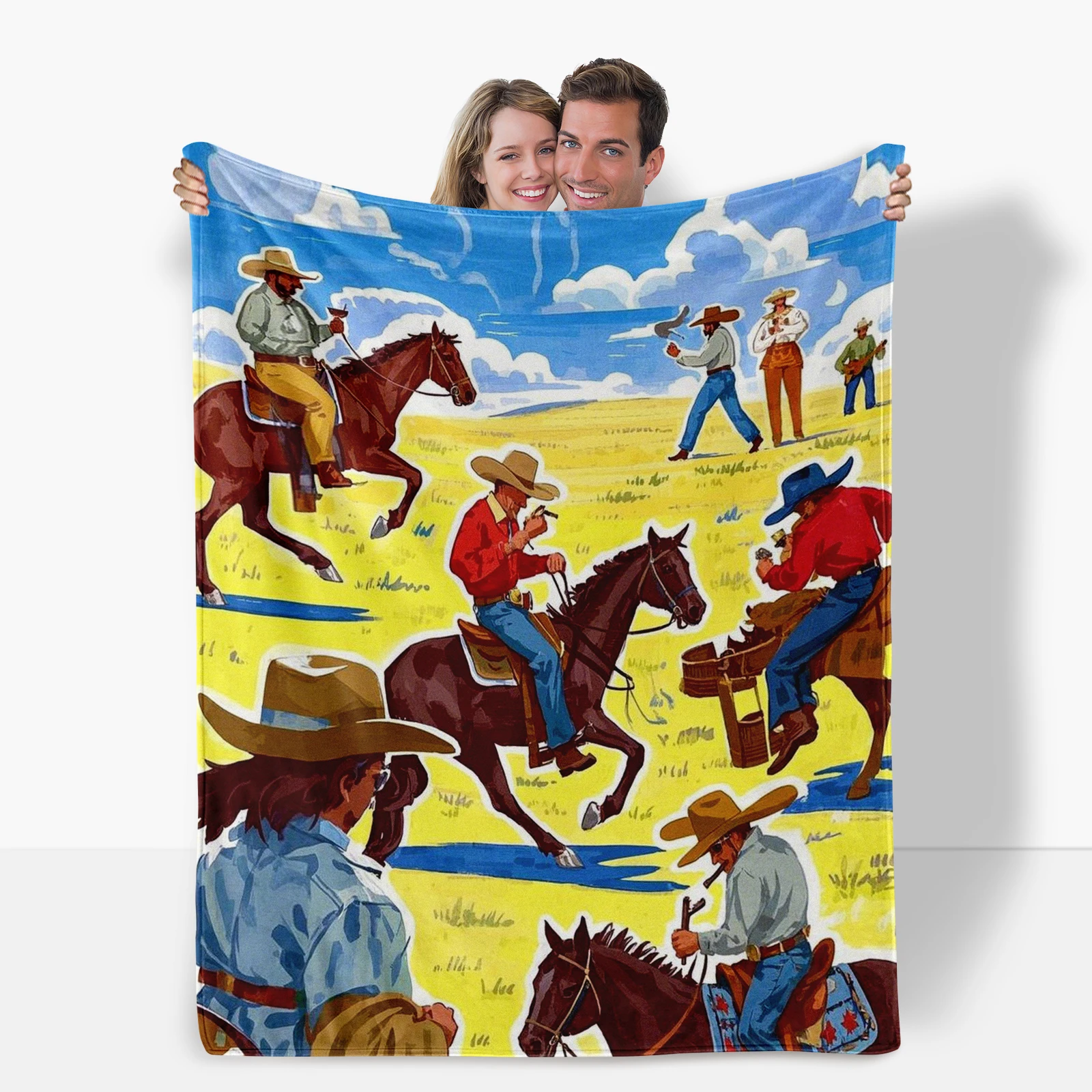 Exciting Cartoon Cowboy And Prairie Blanket Showcases The Unique Appeal Of Cowboy Life As A Gift