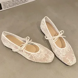 Spring New Flat Shoes for Women Square Head Shallow Mouth Mesh Fabric Embroidery Butterfly Knot Soft Sole Single Shoes