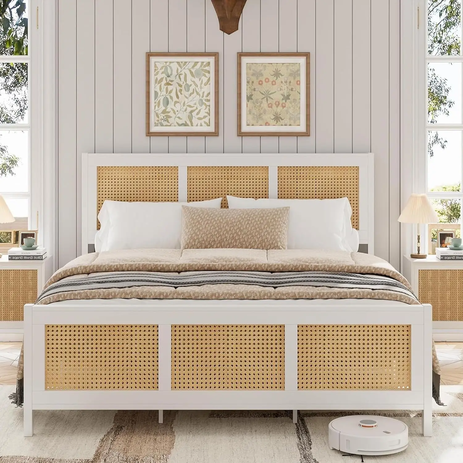 

Full Size Rattan Bed Frame with Headboard, White Boho Cane Platform Bed Frame with Strong Metal Slat, Noise Free, No Box Spring