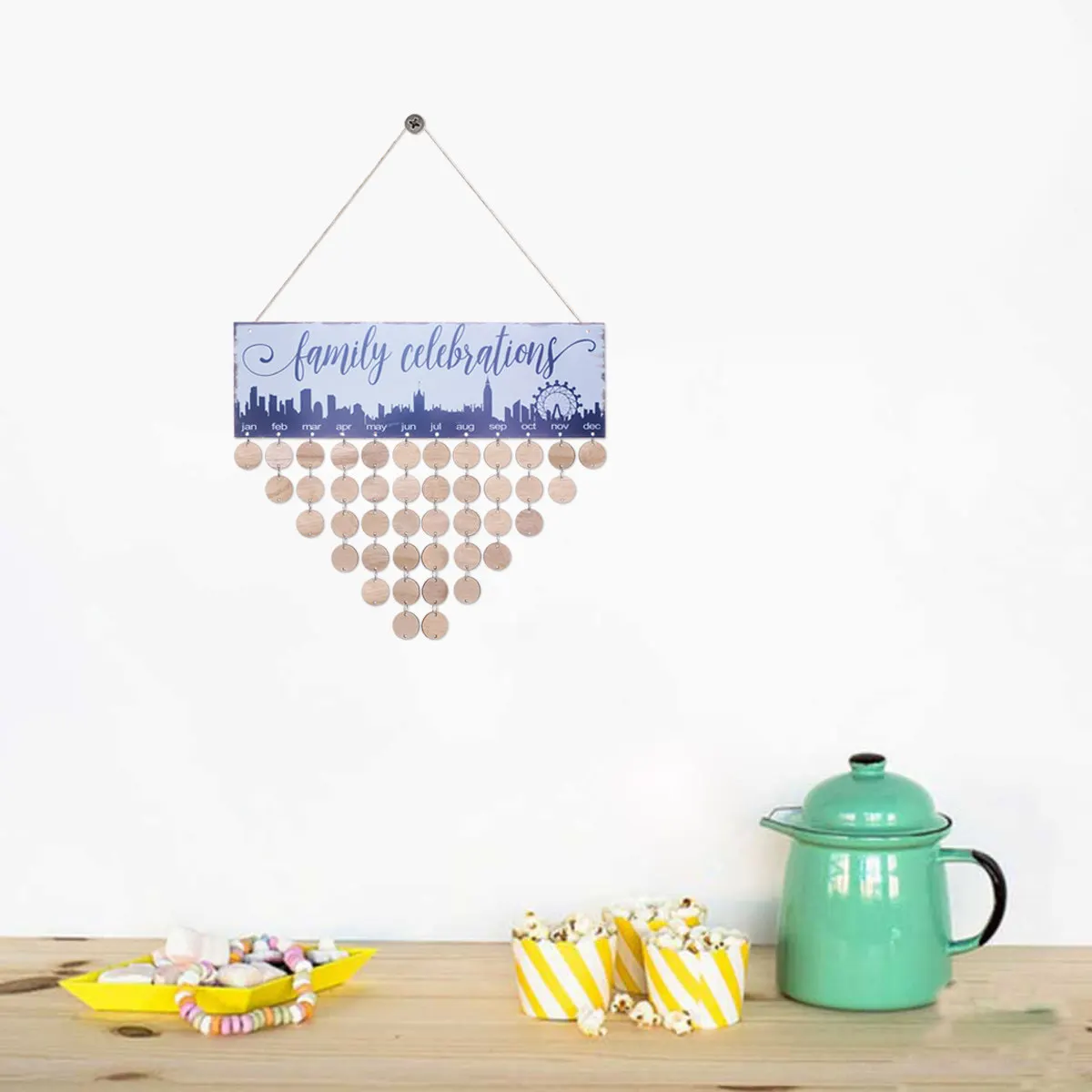 

Wooden Family Celebrations Calendar Plaque 40x12x0.5cm with 50 Discs 1 Rope Easy DIY Birthday Reminder Wall Decoration for Home