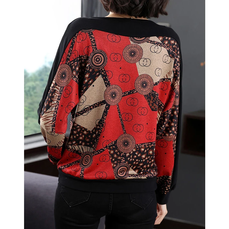 Women Fashion Print Patchwork Rhinestone Elegant Basic T-shirt 2024 Autumn Winter Casual O Neck Long Sleeve Loose Pullover Tops