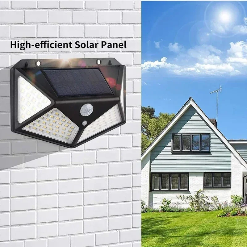 Fotografia 7: 100 led luzes de parede solares ao ar livre lâmpada solar à prova dwaterproof água sensor movimento alimentado luz solar lanterna rua para decoração jardim