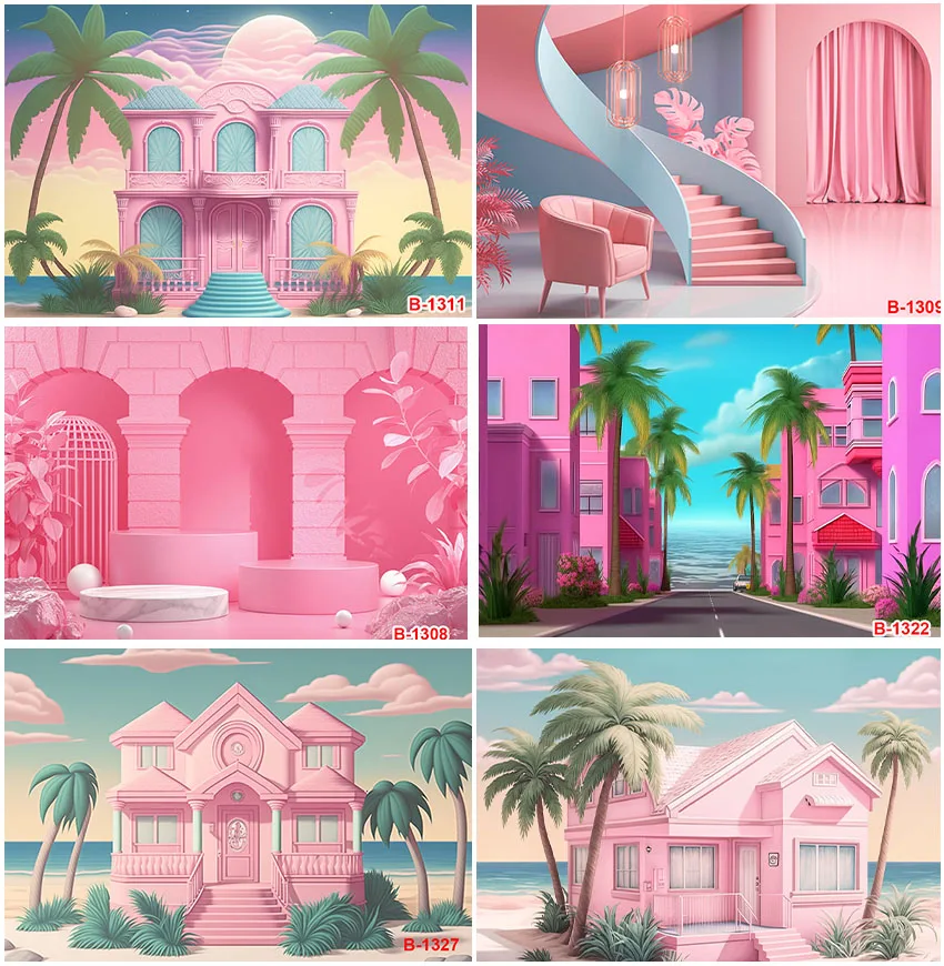 

Seaside Pink House Palm Trees Backdrops Girls Birthday Cake Smash Vacation Holiday Wedding Family Portrait Newborn Backgrounds