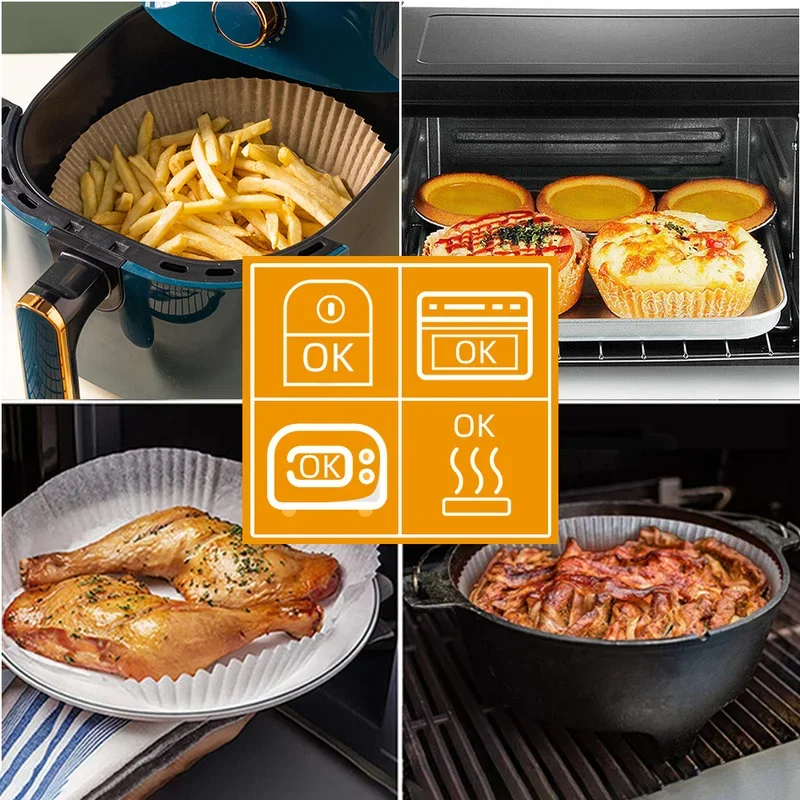 50pcs Air Fryer Disposable Paper Liner 16cm Non-Stick Mat Steamer Round Paper Baking Mats Kitchen AirFryer Baking Accessories