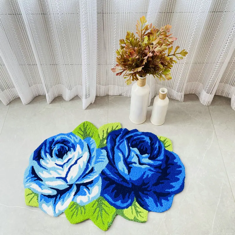 Rose Flower Rug Plush Embroidery Home Decor Carpet Living Room Bedroom Floor Mat Bathroom Bathtub Doormat 80x55cm Dropshipping