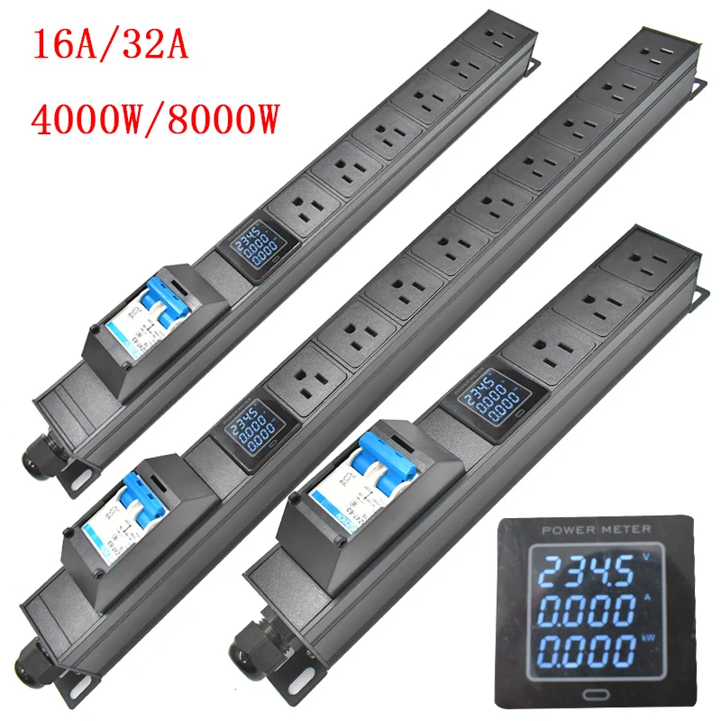 

PDU Power Strip 16/32A air switch Power Distribution Unit Switcher 2-9 Way US Outlet Socket Power meter