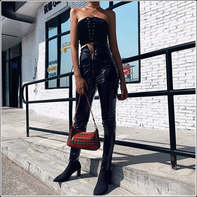 High Waist Black PU Leather Skinny Trousers Women Slim Zipper Open Crotch Pants Latex Leggings Nightclub Pencil Pant Push Up Hip