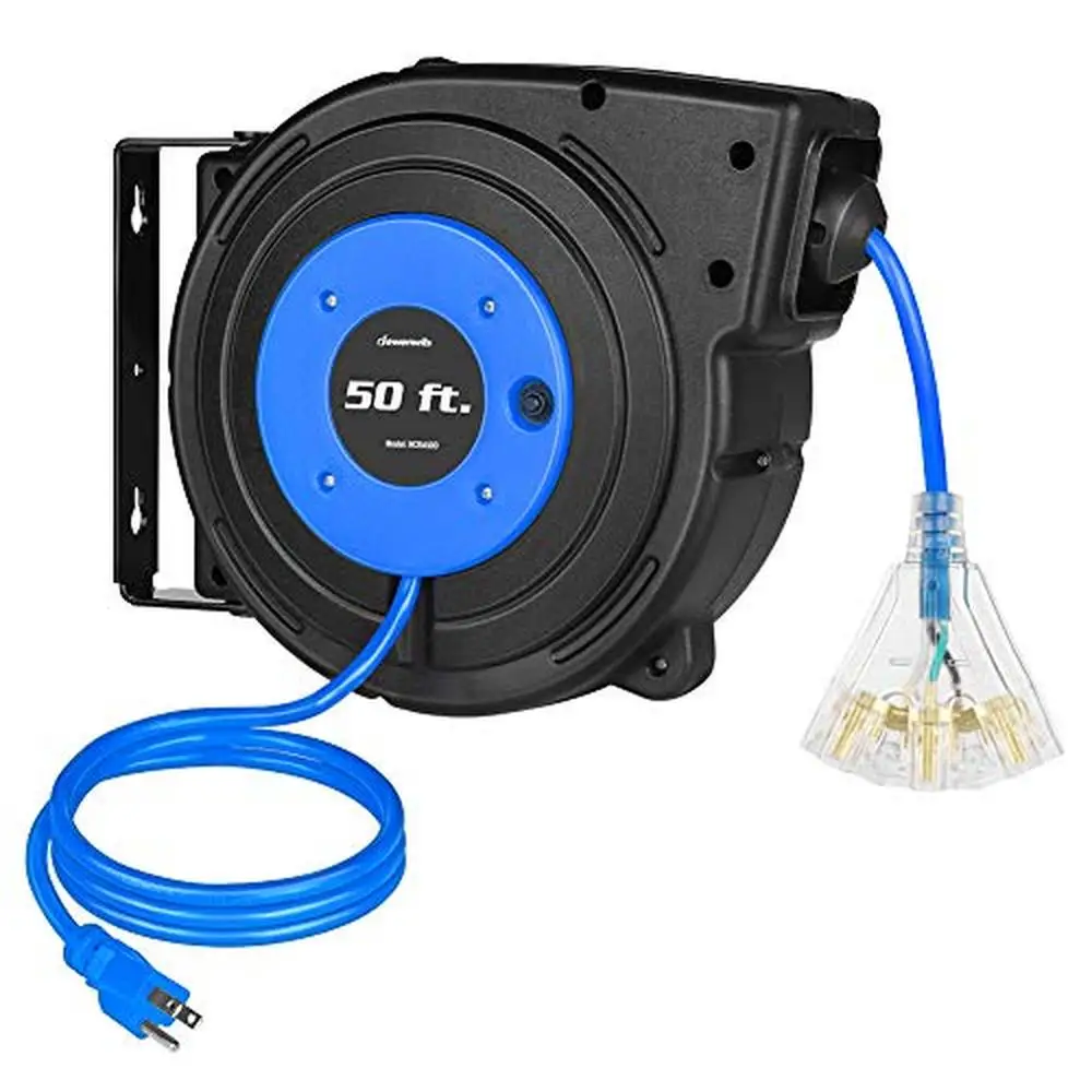 Retractable Power Cord Reel 50ft Extension Heavy Duty 14AWG/3C SJTOW 3 Grounded Outlets Lighted Triple Tap Circuit Swivel