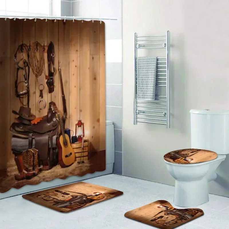 Rustic Western Cowboy Shower Curtain Set American Country Music Bathroom   Bath Mat Rug Carpet Bathtub Accessories