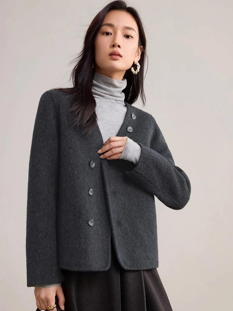 SENTBUILA Cappotti di lana double face per donna 2025 Autunno Inverno Scollo a V Piumini larghi Capispalla corti Donna W54OF2424