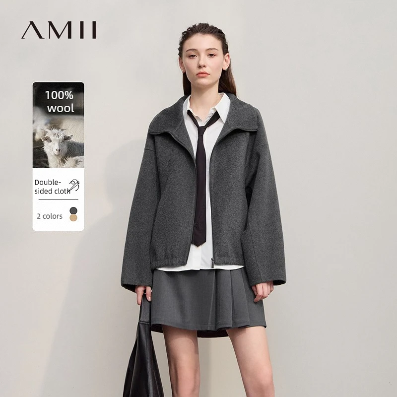 

AMII женское пальто 2029, новинка зимы, воротник-стойка на молнии, цельношерстяная женская куртка, теплая универсальная женская одежда 12524035