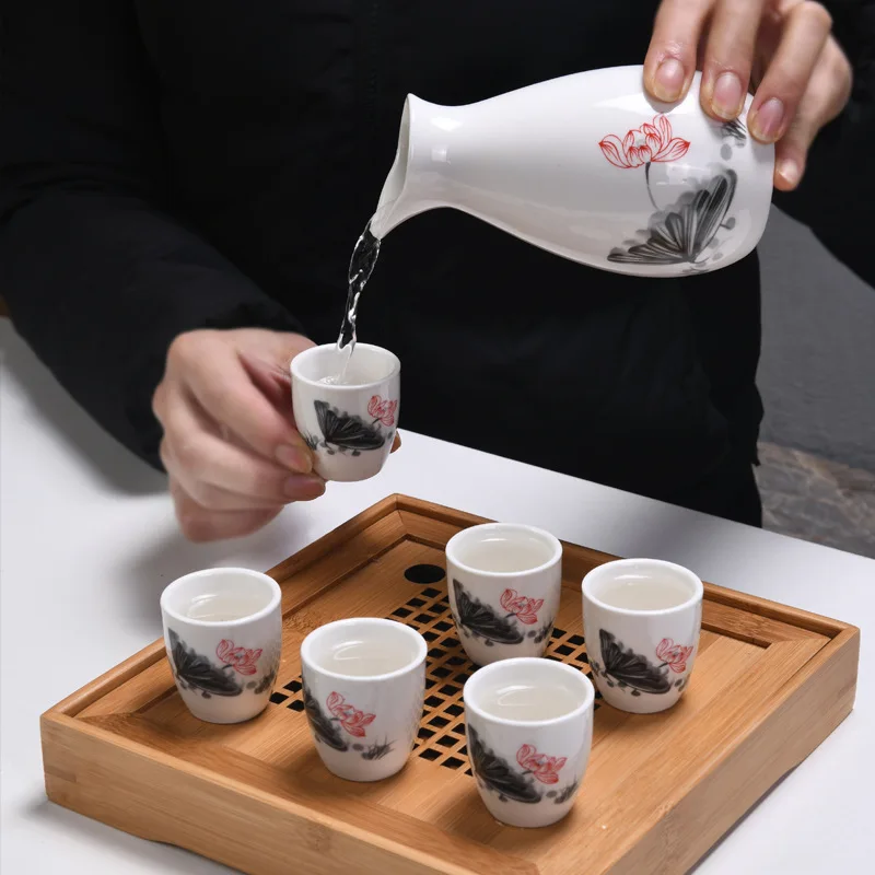 7pcs Japanese Style Sake Wine Warm Chinese Wine Set Ceramic Sake Japan Porcelain Vintage Ceramic Pot Flagon Liquor Spirits Cups