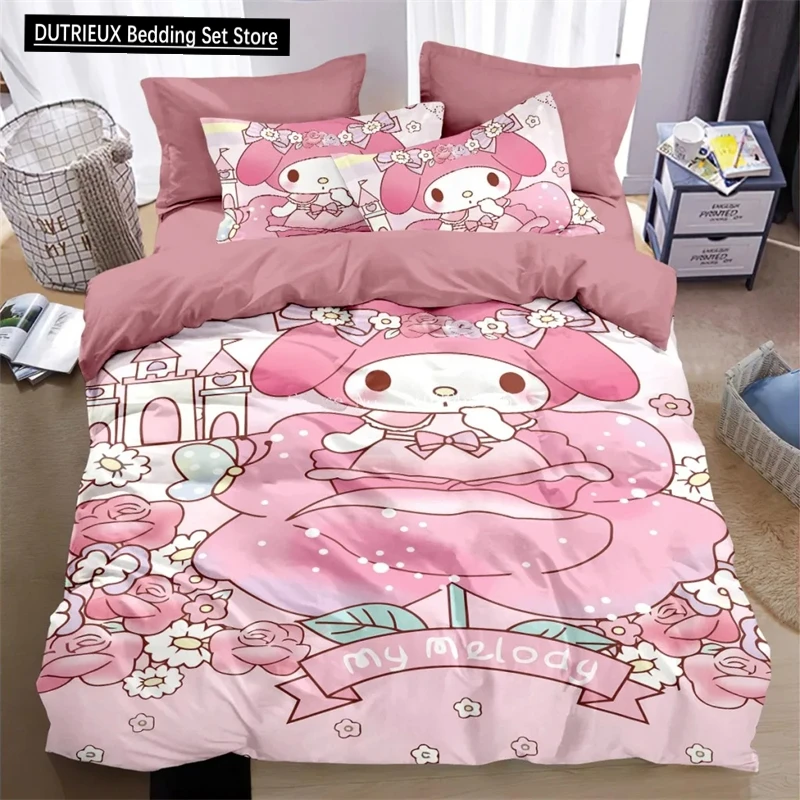 Duvet Cover My Melody Cartoon Anime Kawaii Kuromi Bedding Set Home Textile Fashion Quilt Cover Pillowcase Bed Set  Girl Gift