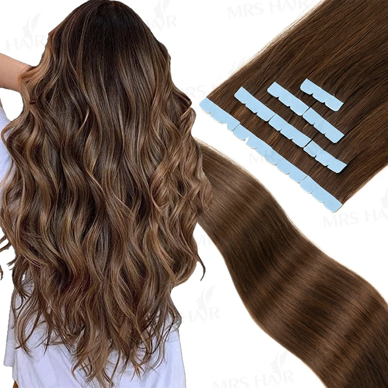 

Прямые накладные волосы из натуральных человеческих волос 12-24 дюйма, мини-ленточные, на клейкой основе, для женщин, из натуральных густых человеческих волос