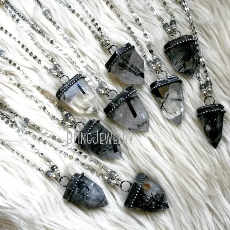 10pcs Arcane Collar Tiki Tourmaline Rutilated Crystal Quartz Pendulum Gothic Chain Necklace Goth Wicca Women Halloween Jewelry