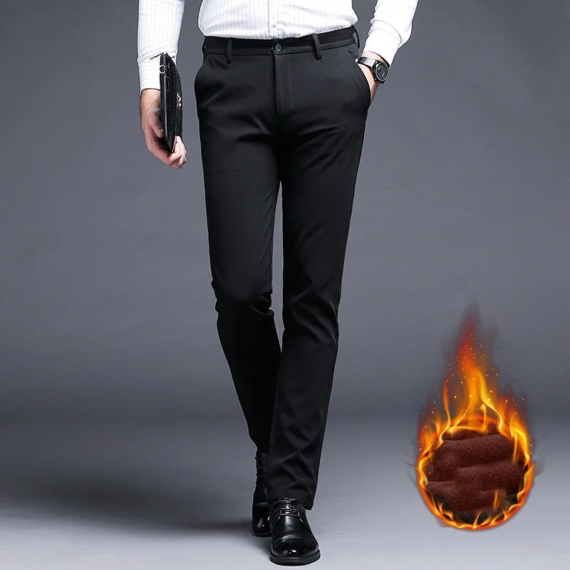 Winter Men's Thicken Warm Suit Pants Fleece Lined Business Casual Elasticity Pencil Trousers For Male