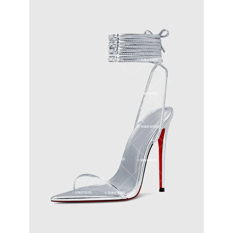 

New 12cm pointed thin cross strap high-heeled sandals for women in Europe, sexy silver fashion plus size shoes