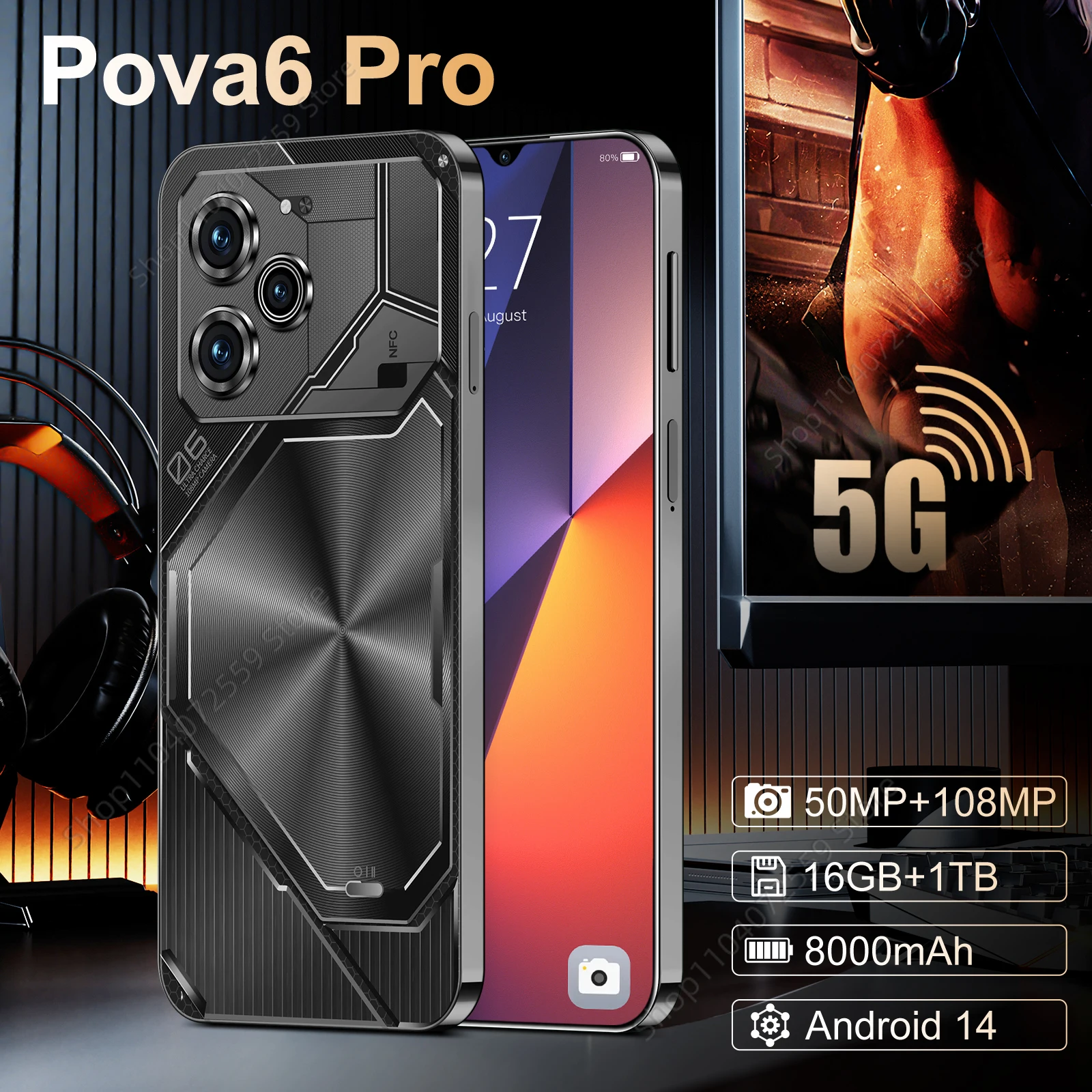 

Pova 6 Pro Original Global Smartphone 5G HD 7.3inch 16G+1TB Cell Phone Dual SIM Telefono 50+108MP Android 14 Unlock Celular NFC