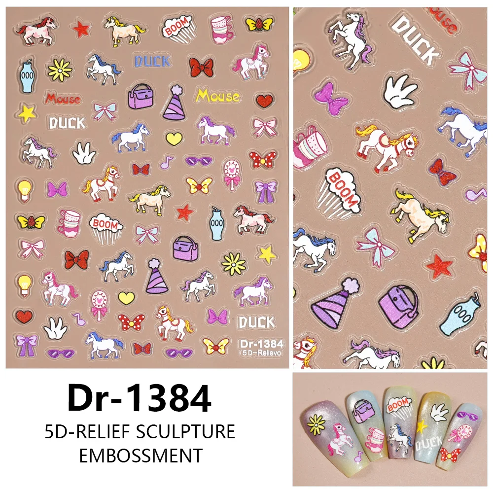 1/5/10 Stück niedliche Cartoon-Pony-Einhorn-Blume, Herz, Schleife, Nagelaufkleber, 5D-geprägte Aufkleber für Frauen, DIY-Maniküre, selbstklebendes Dekor