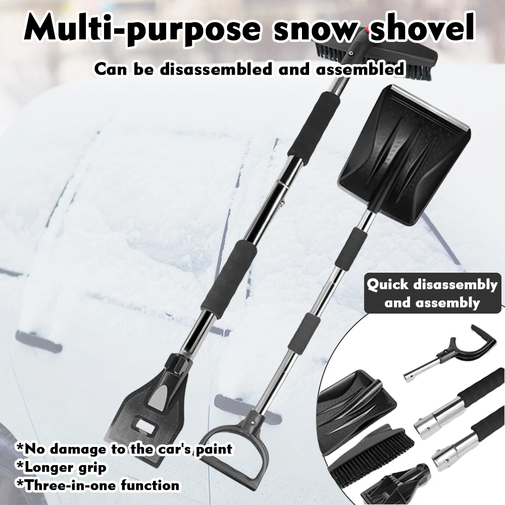 Car mounted snow shovel, metal stainless steel telescopic snow shovel, detachable ice removal device, shovel cleaning and defros