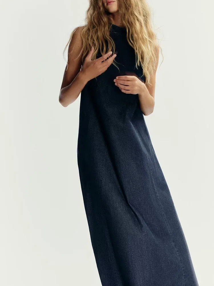 Jesień 2025 Nowa Modna Damska Sukienka Jeansowa z Długim Kołnierzem, Wysokim Stanem, Krój A, Jednolity Kolor, Inne 00%