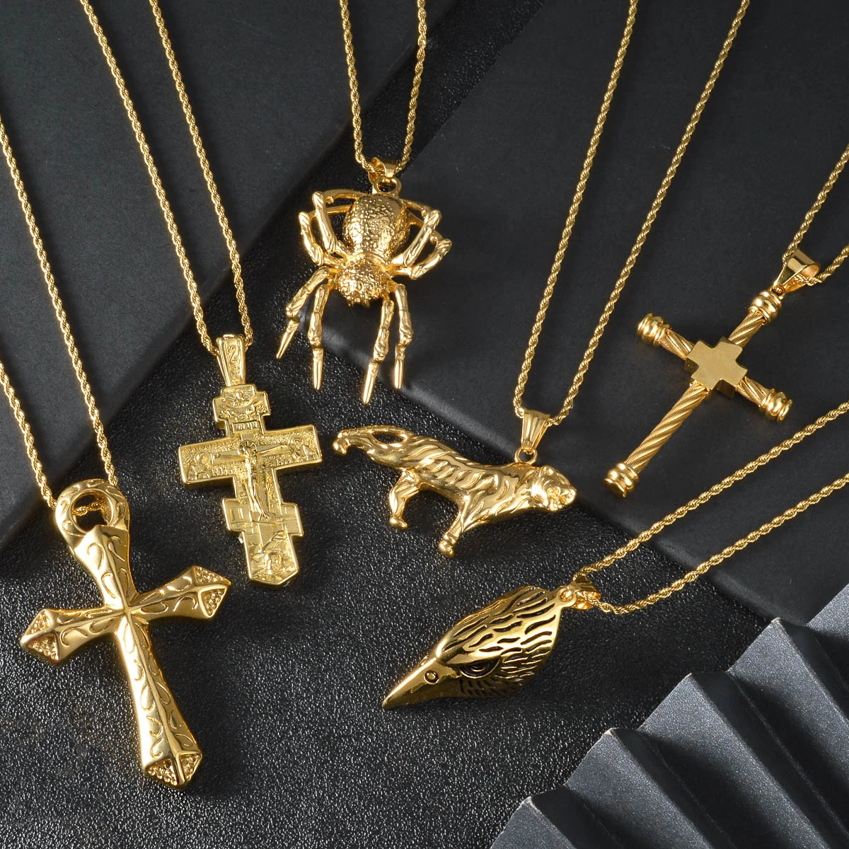 Gold Plated Stainless Steel Men Pendant Necklace Twisted Rope Chain Cross Spider Tiger Eagle Charm Retro Punk Hip Hop Jewelry