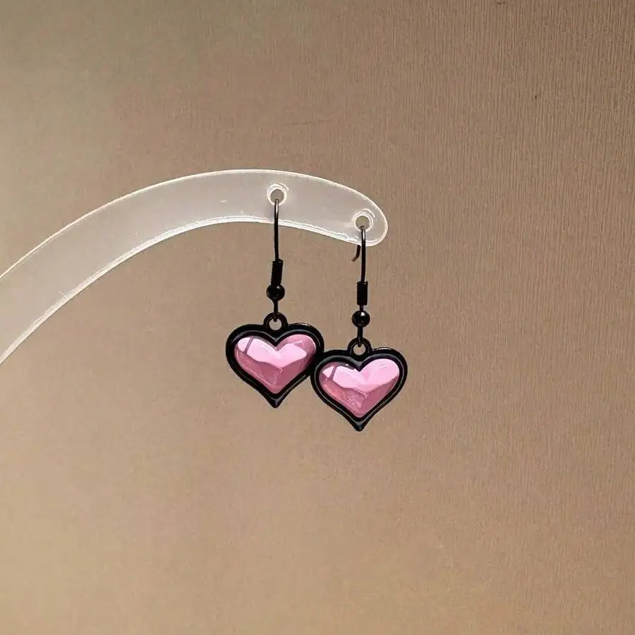 

Black Hook Earrings With Pink Heart Charms, Zinc Alloy Drop Design For Women Fashion Jewelry