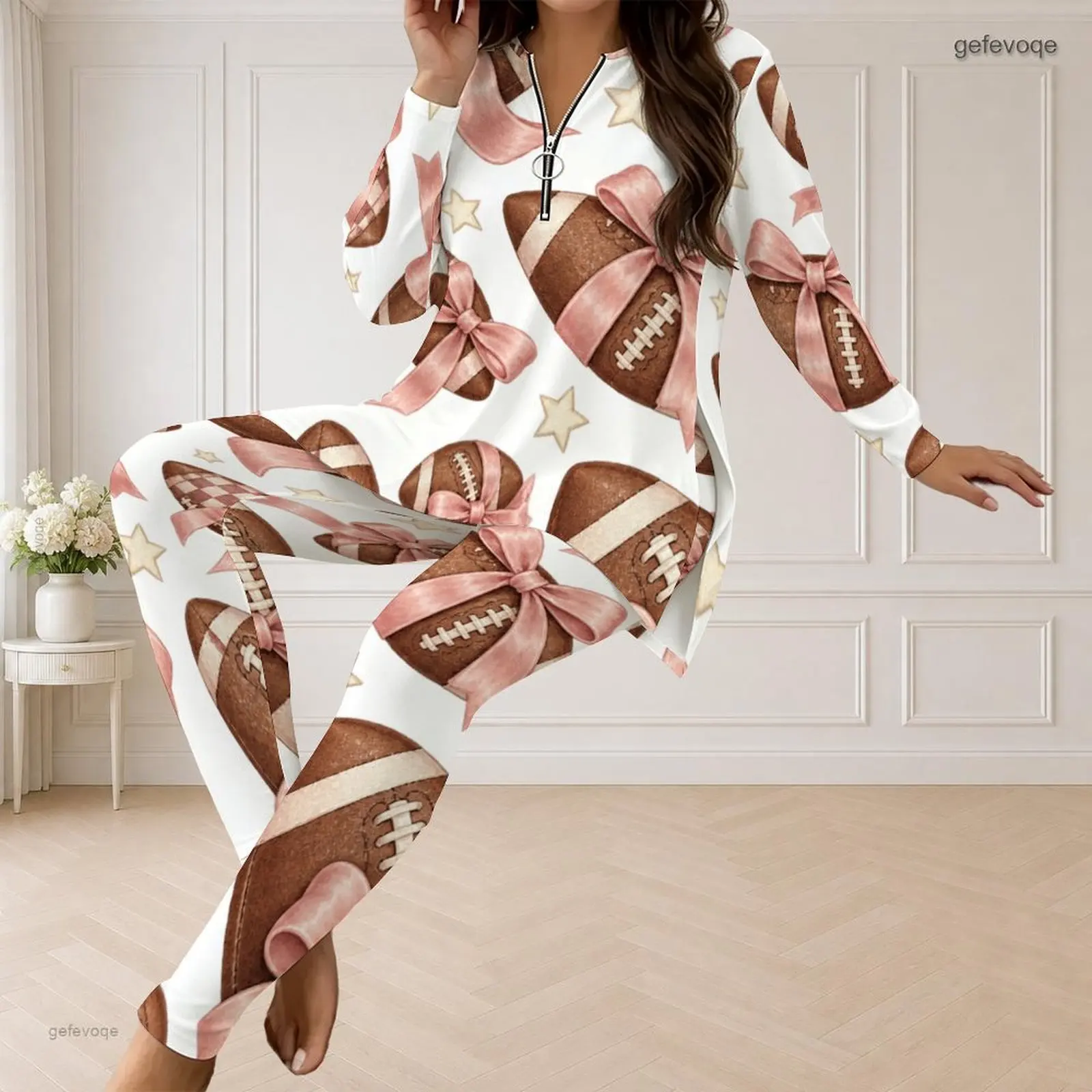 Fall Graphic Print Plus Size Sets Women V Neck Football Bow Plus Size Clothes Womens Clothing For Loungewear Casual Daily