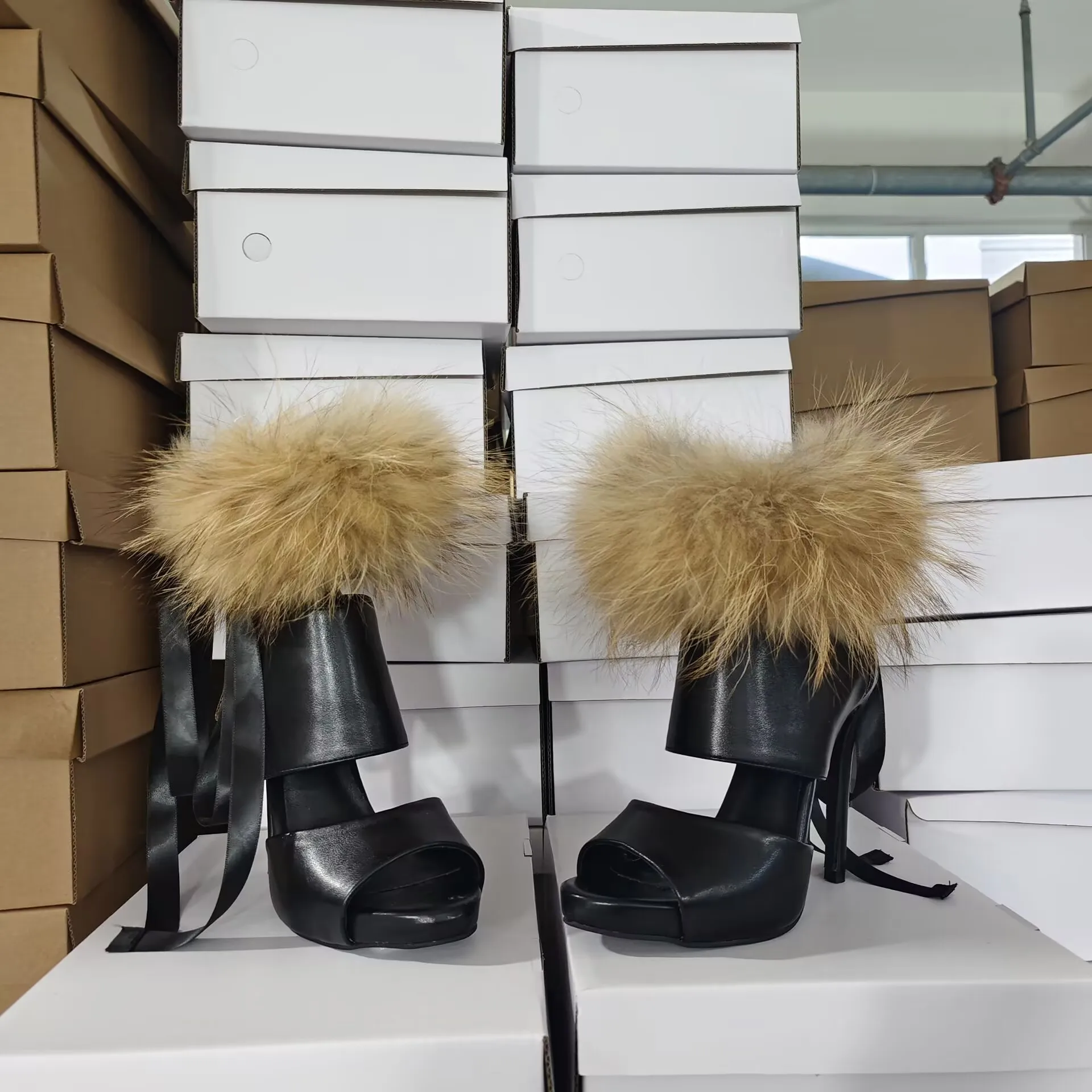 

Sexy Black leather real fur summer ankle boots lace up high heels Women's big size good quality peep toe designer party shoes