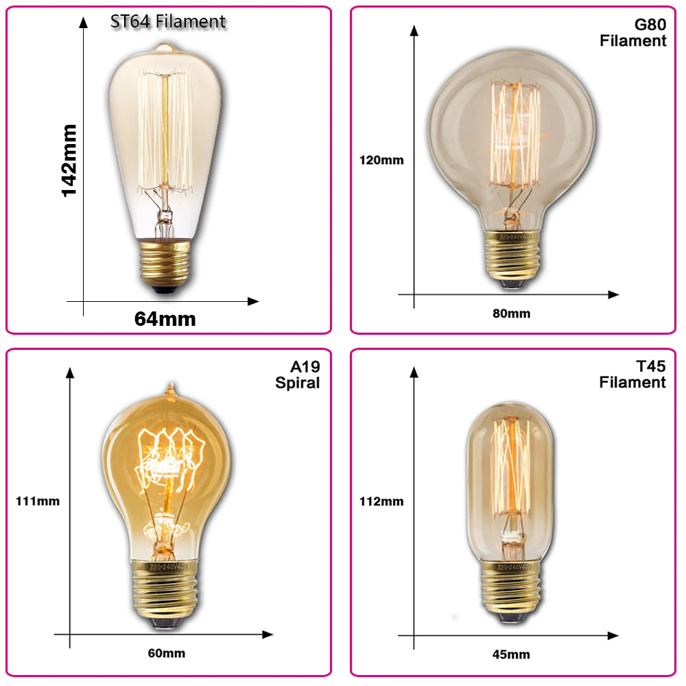 Retro Edison Bulb E27 220V 40W ST64 G80 T45 A19 Ampoule Vintage Edison Light Bulb Incandescent Lamp Filament Bulb Home Decor