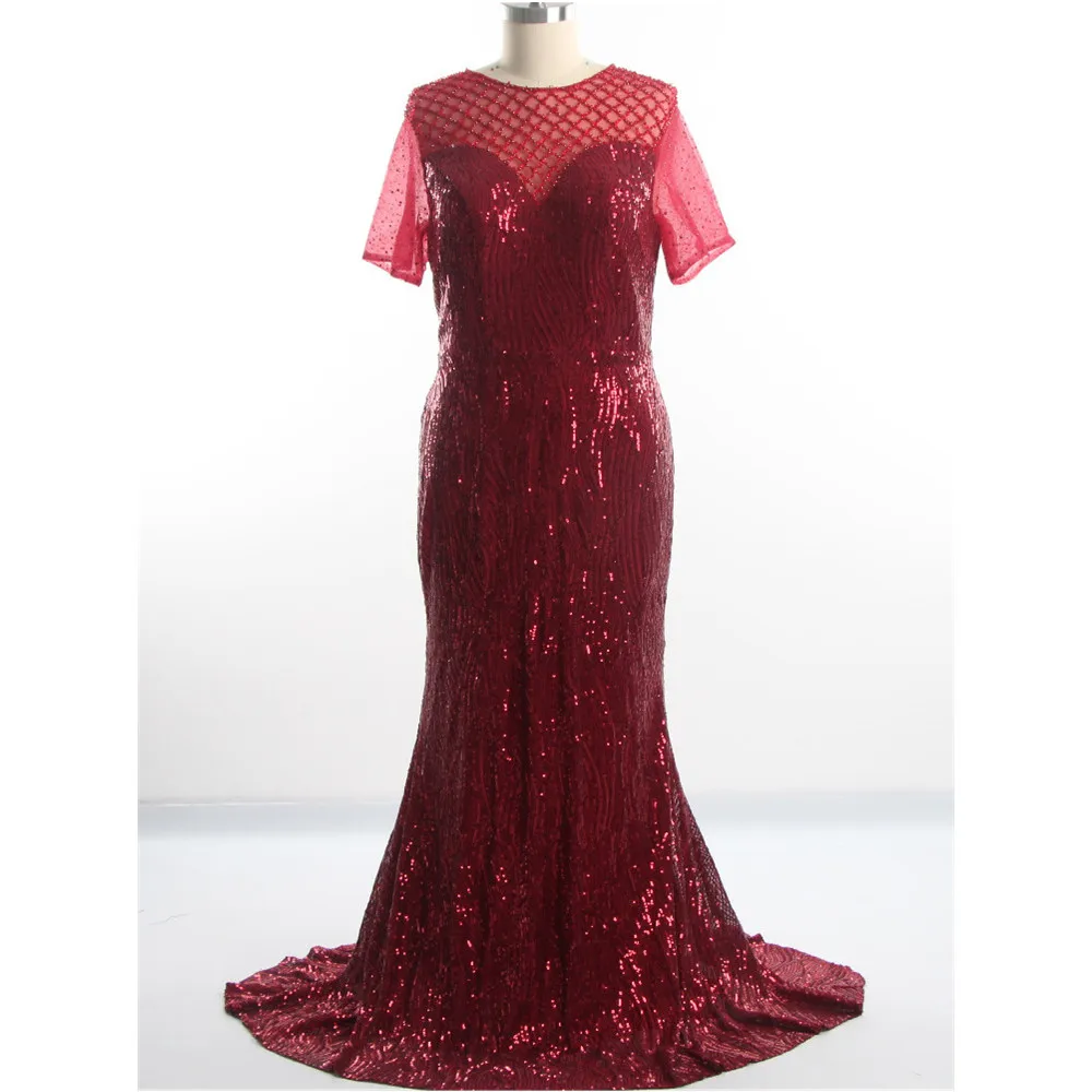 

Evening Dresses Burgundy O-neck Beading Sequins Mermaid Floor Length Plus size O-neck Short Sleeves Women Party Dress 2022 C060