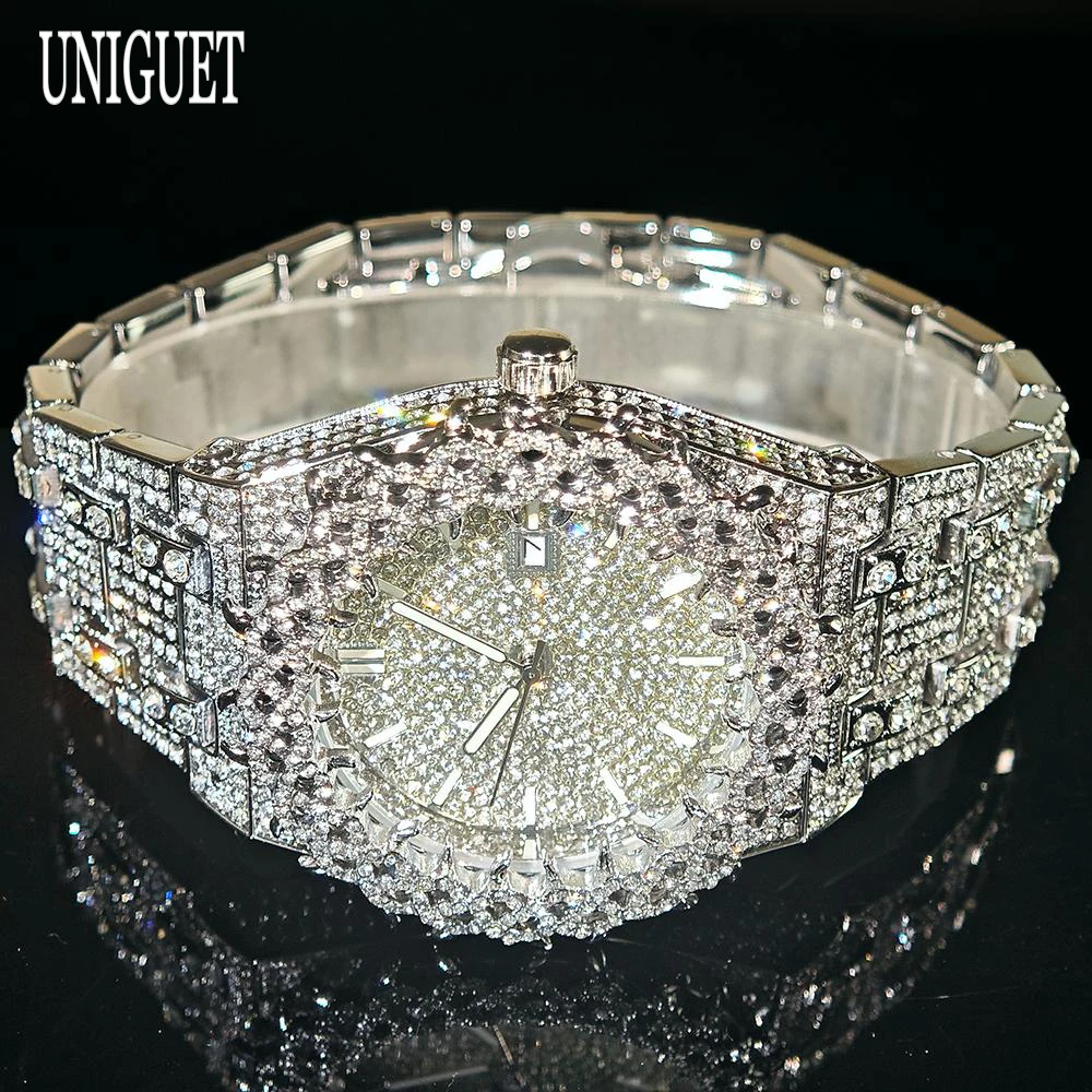 Hip Hop Ice Watches Men Fashion Brand UNIGUET Luxury Full Diamond Bling Quartz Watch For Man With Calendar 2026 New