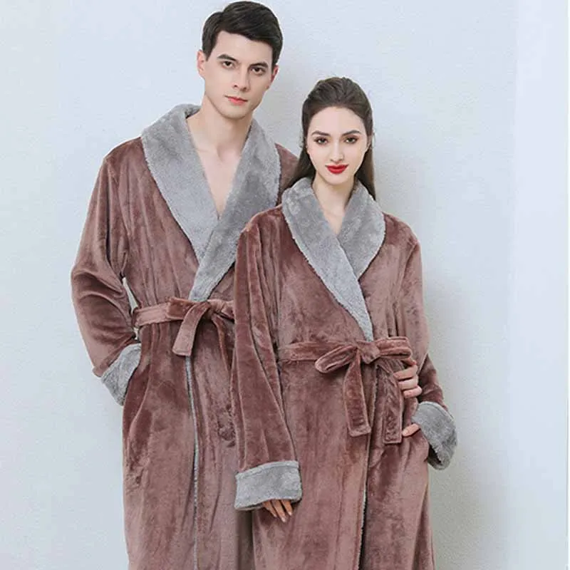 Autumn Winter New Lover Bathrobe Sleepwear Thicken Coral Fleece Kimono Gown Lounge Wear Couple Solid Color Long Robe Homewear