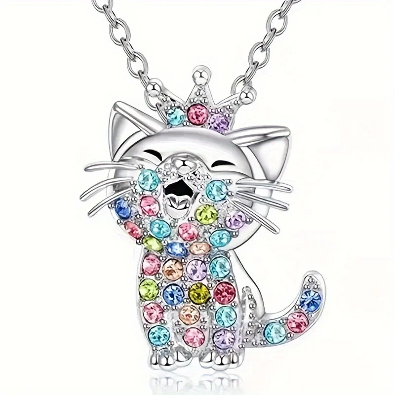 1pc Cute Sparkling Colorful Rhinestone Decor Crown Kitten Pendant Necklace Anniversary Party Gifts, Jewelry Niche Style Hot List