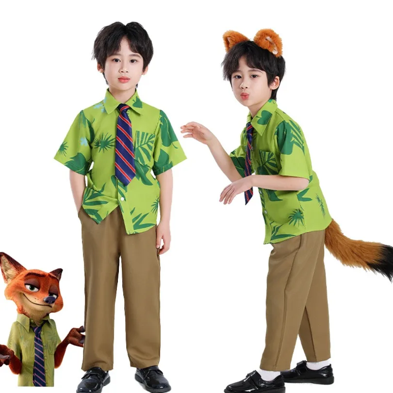 Детская рубашка для косплея Fox Nick Wilde с галстуком, мужская летняя повседневная футболка с принтом зеленых листьев на Хэллоуин и галстук
