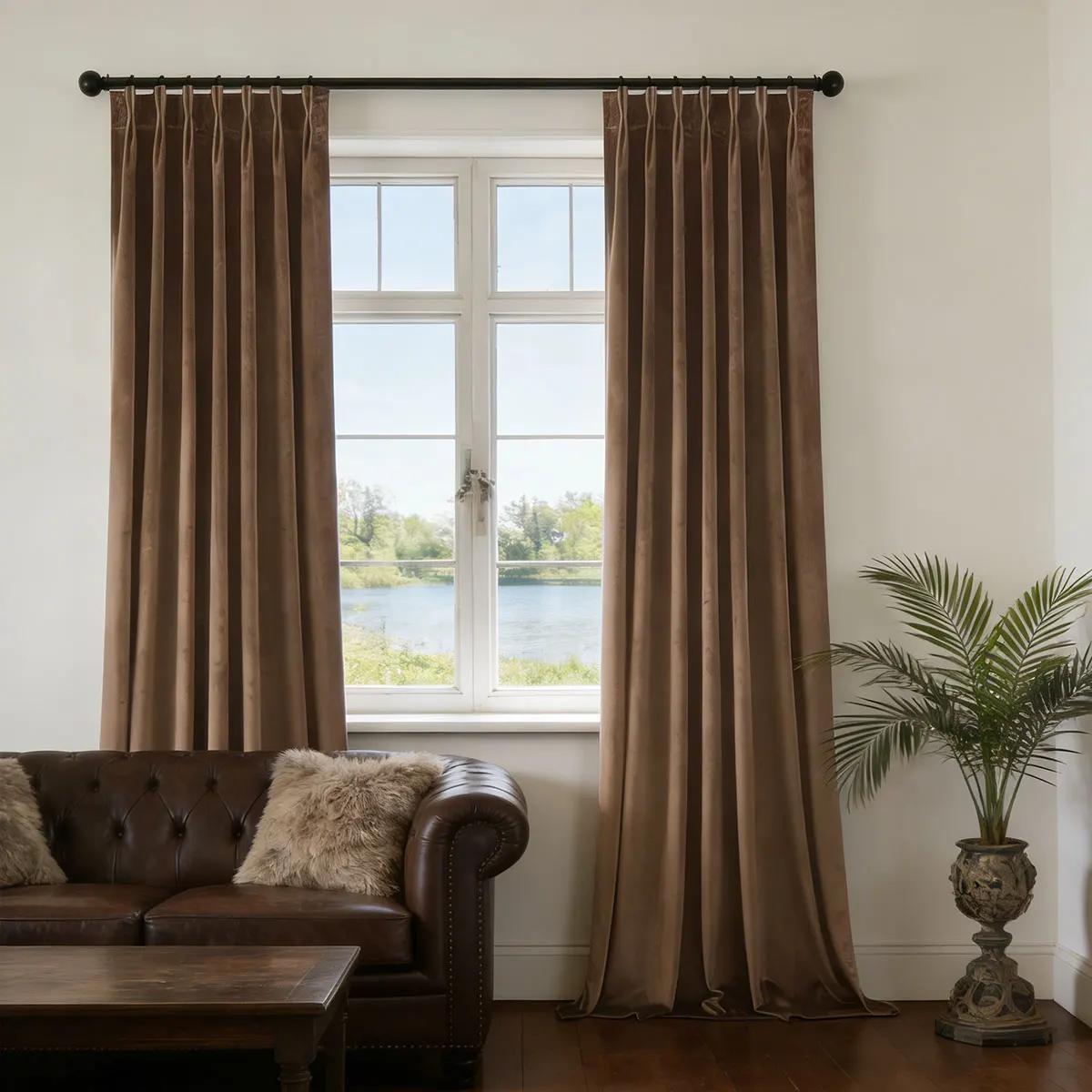 Chocolate Brown Velvet Pinch Pleat Curtains with Hook Tape, Heavy Drapes for Vintage Mid-Century Living Room
