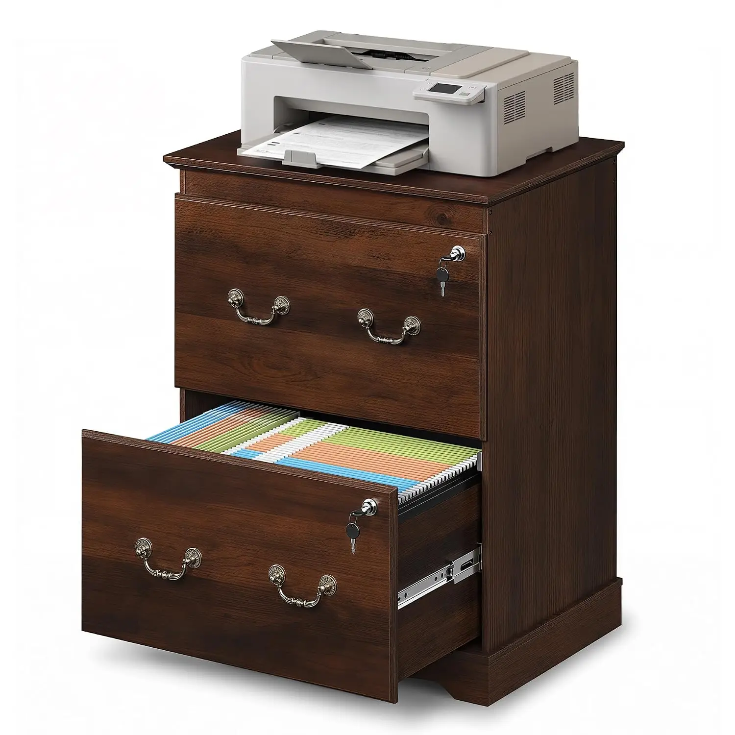 3 Drawer Wood File Cabinet With Lock, Home Office Document Storage Organizer, Brown Oak, Customized