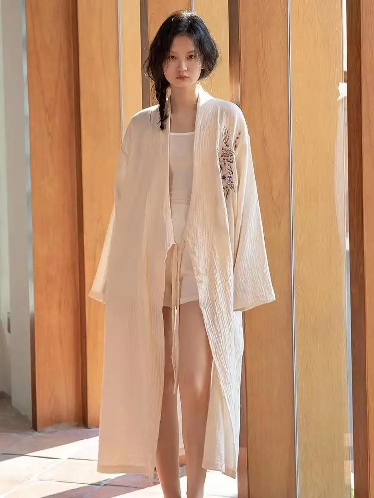 Autumn Robes Women Vintage Ambroidery Chinese Style Long Sleeve Bathrobes Sweet Home Feminie Sexy Lace-up Sleepwear Classy Midi