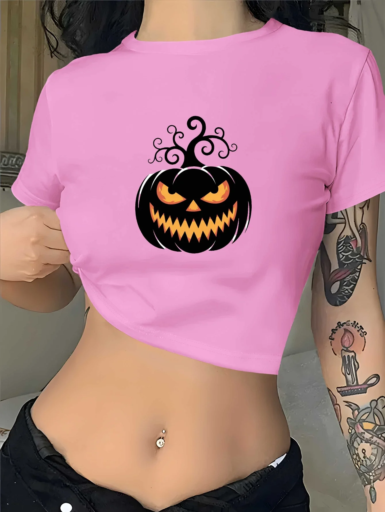 Damen Y2k Damen Kleidung T-Shirt Halloween Kostüm T-Shirt Spooky Jack-O'-Lantern Grafik T-Shirts Sexy Gothic Kürbis Crop Tops Shirt