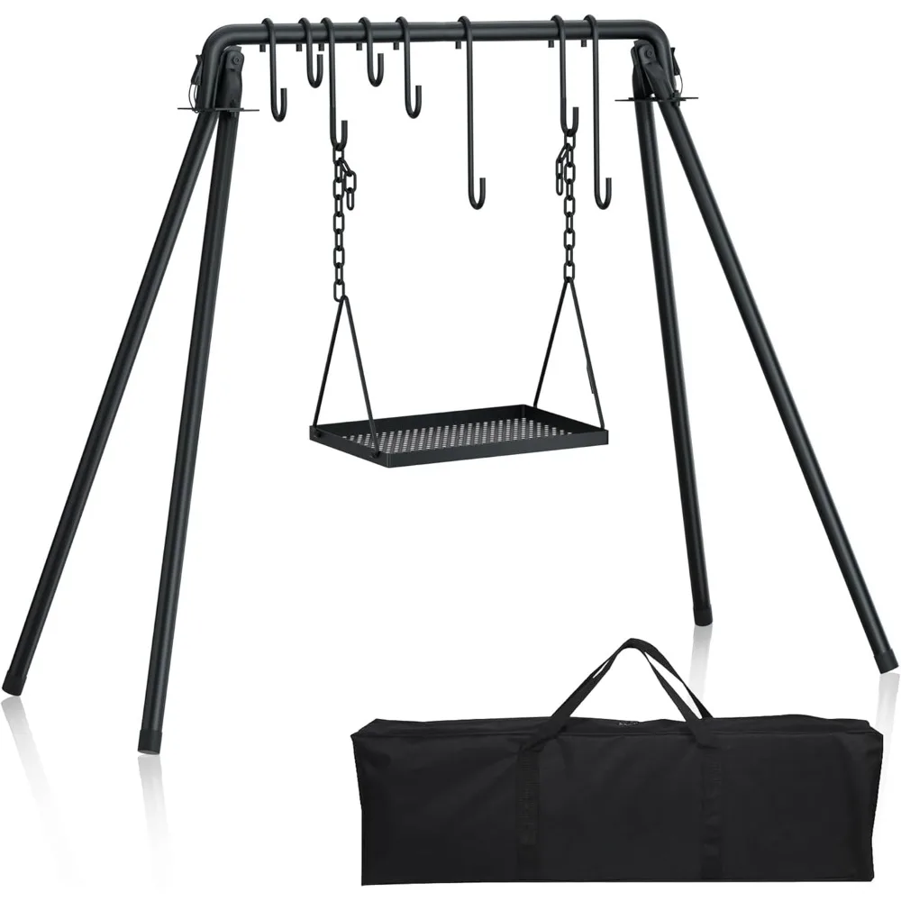 Grill Swing,Campfire Grill Cooking Stand w/8 Hooks & Storage Bag,Cast Iron BBQ Party Swing Grilling Cooking Rack,Outdoor Picnic