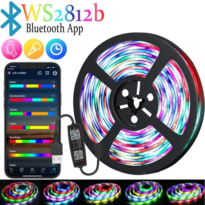 DC 5V 3M LED Strip Lights RGBIC WS2812B Phantom Bluetooth APP Zdalne sterowanie PC TV Salon Atmosfera Dekoracja pokoju