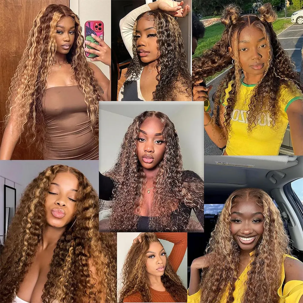 Llinhua Deep Wave Human Hair Lace Closure 4x4  5x5 13x4 Transparent Lace Frontal Highlight P4/27 Ombre Brown Honey Blonde