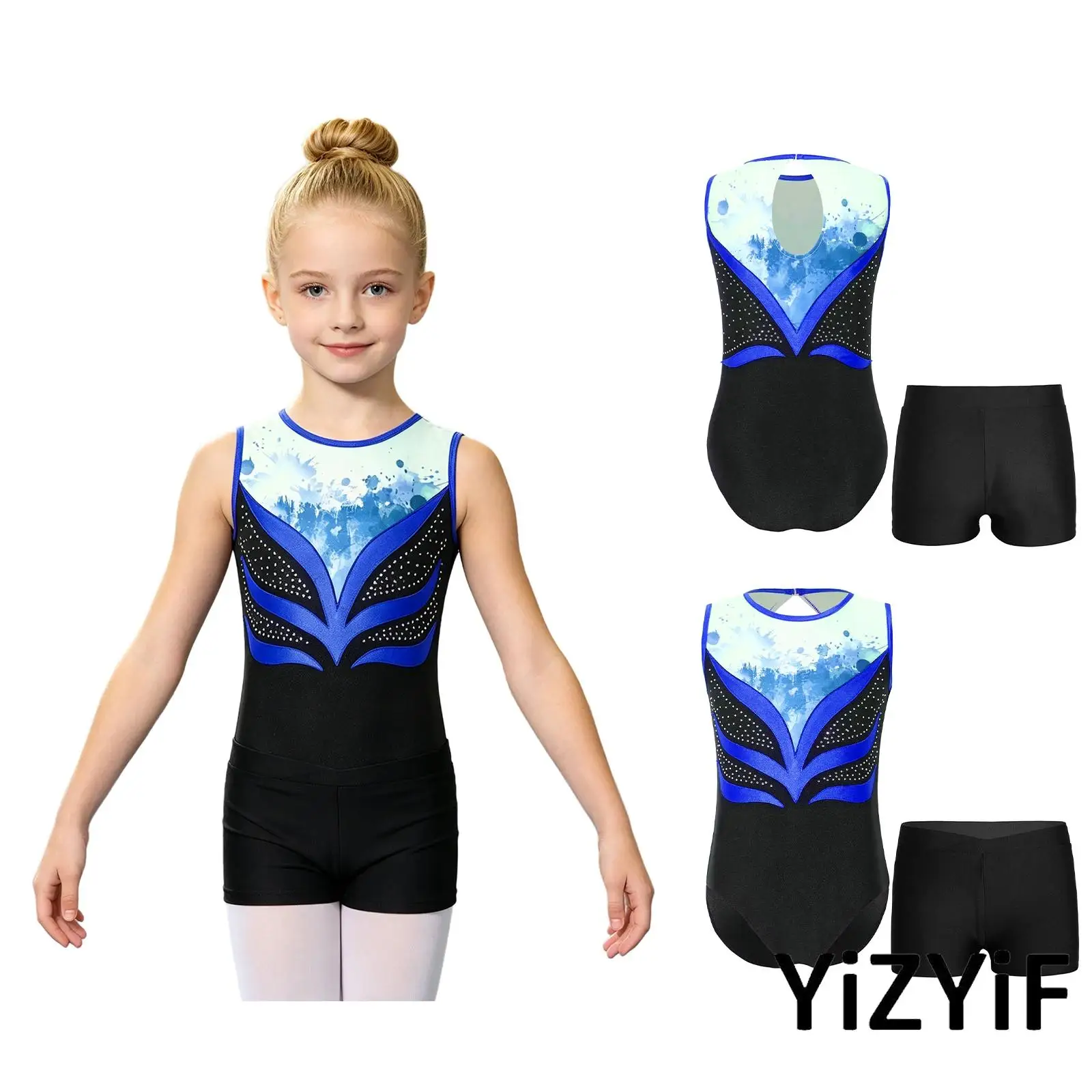

Child Girls Gymnastic Ballerina Dance Clothes Set Rhinestone Sleeveless Color Block Bodysuit and Shorts for Figure Skating Dance