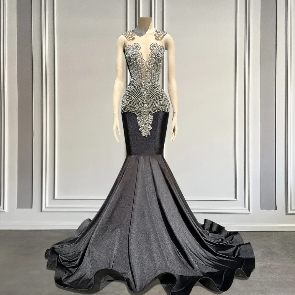 

Exquisite Black Mermaid Prom Dresses for Black Girls Sparkling Silver Crystal Sheer Neck Long Senior Prom Gowns Customized