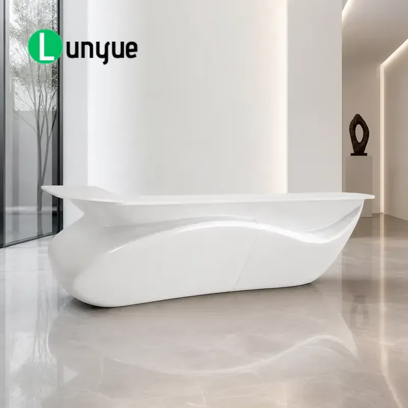 Modern White Fluid Design Seamless Solid Surface Reception Desk Custom Logo Front Counter for Hotel Hospital Wholesale
