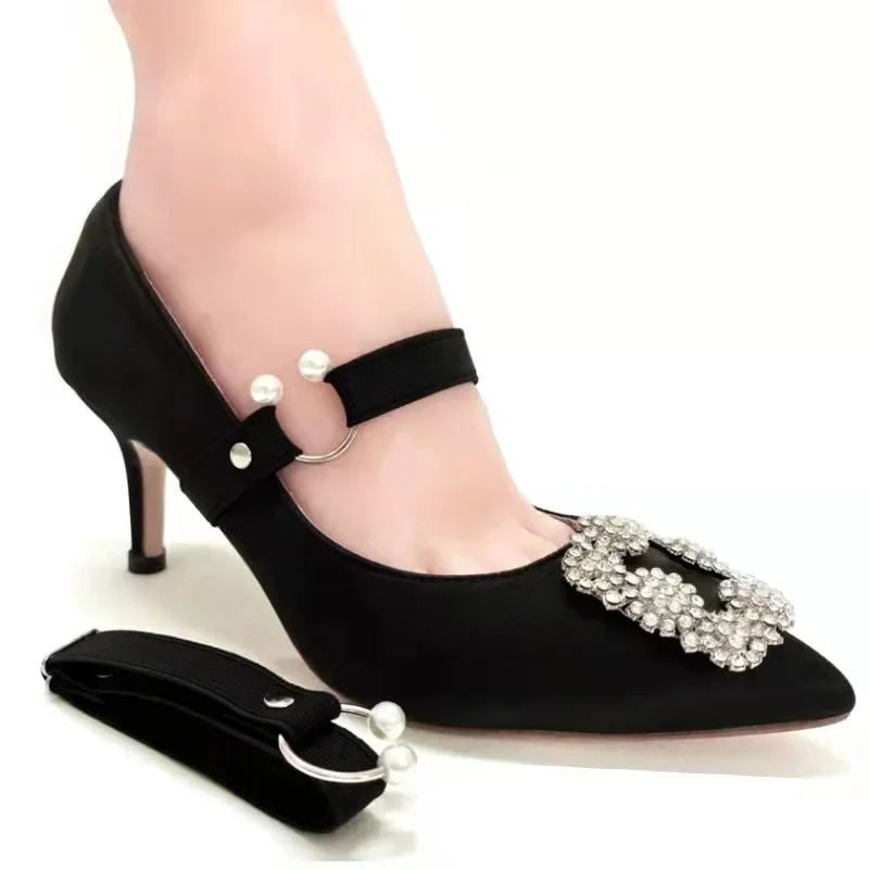 1Pair High Heels Shoelaces Women 1.5cm Width Elastic Laces Heel Shoes Belt U-shaped Pearl Buckle Shoelace Shoe Accessories
