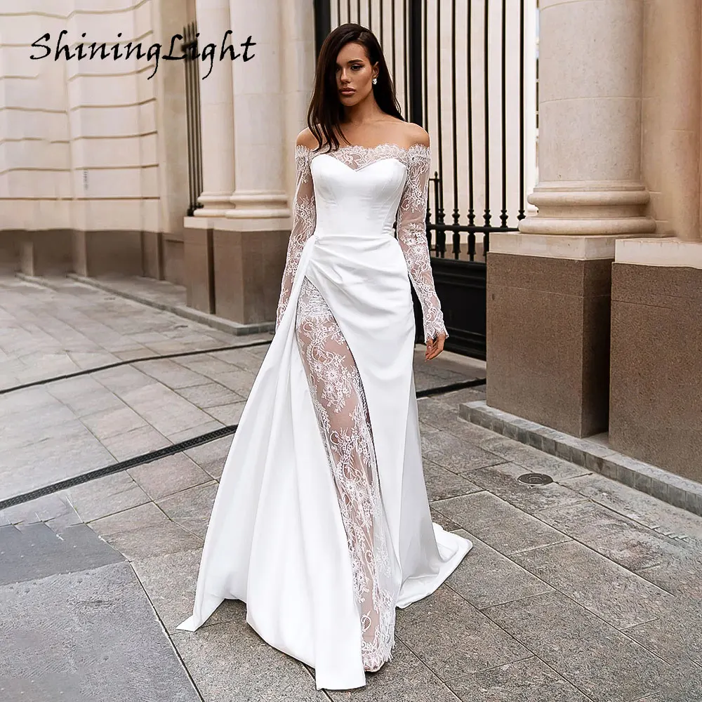

ShiningLight Elegant Lace Long Sleeved Wedding Dress for Bride Off-the-Shoulder Mermaid Satin Simple Vestido De Noiva Customized