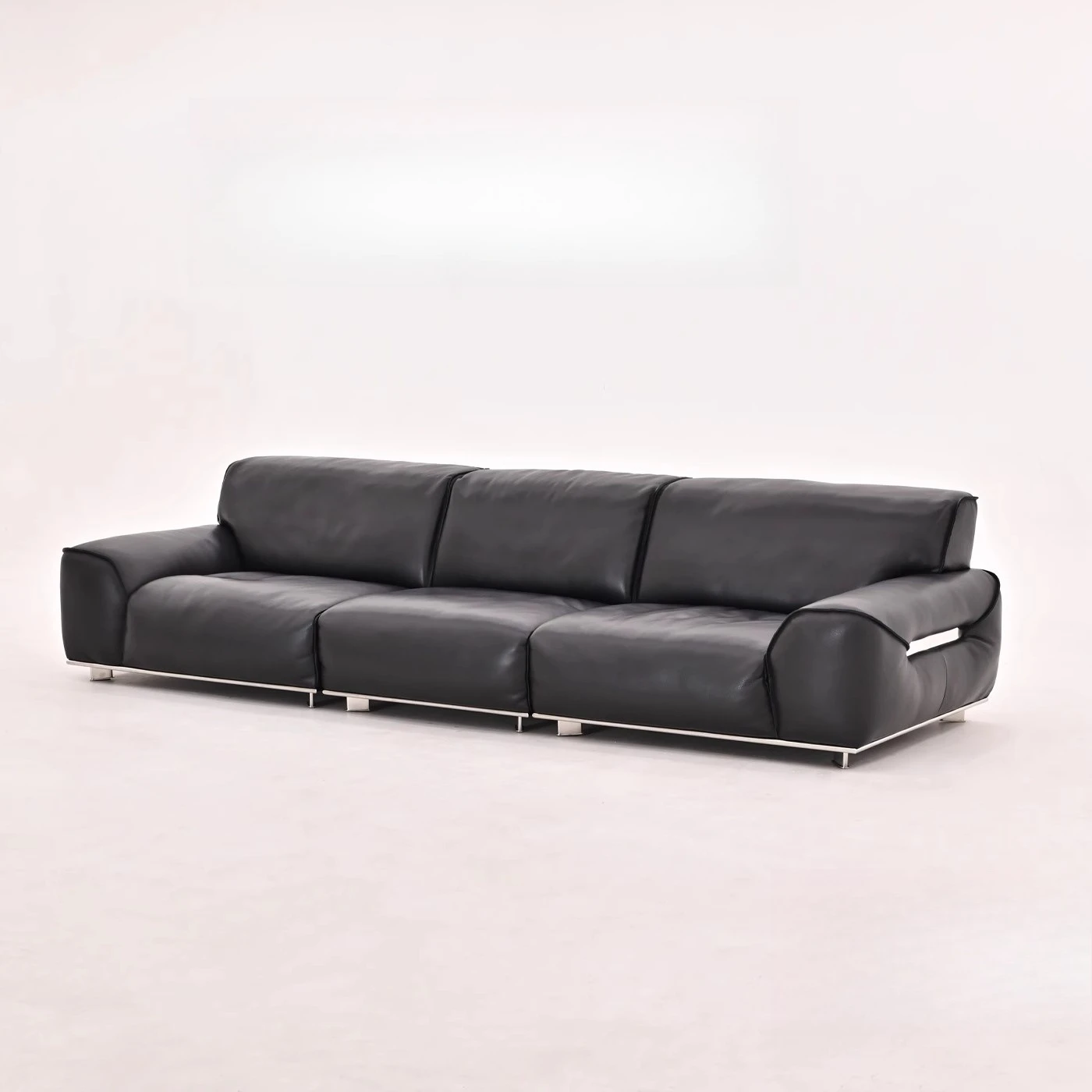 Sofa leather living room straight row black first layer cowhide art sofa