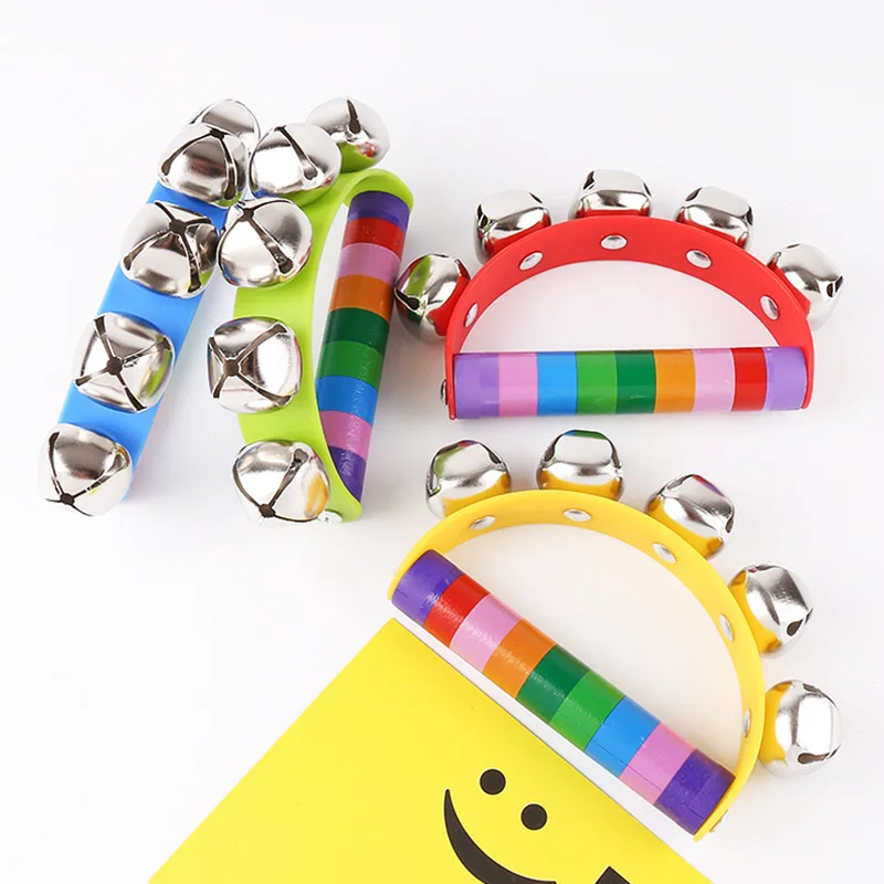 Baby Wooden Toys Stick 5 Jingle Kids Children Bells Rainbow Hand Shake Bell Rattles Toddler Toys Baby Educational Toy Random