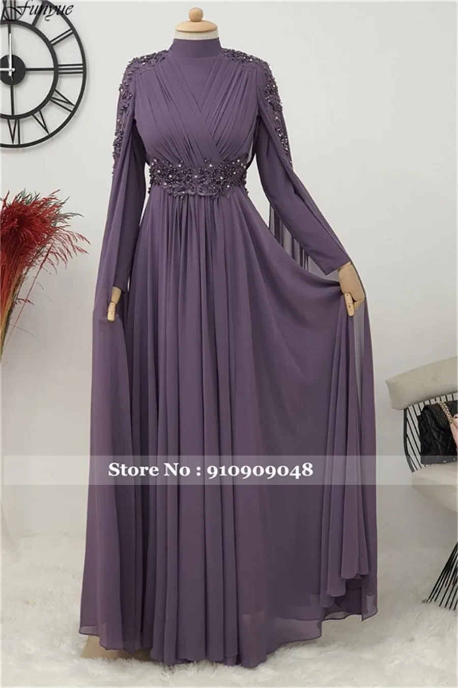 Funyue A-Line Chiffon Appliques Beads Prom Dresses Long Muslim Evening Gowns Dubai Arabic Formal Wedding Guest Dresses for Women